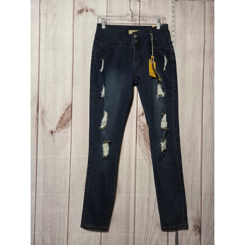 Hybrid & Company Womens Distressed Skinny Jeans Tinted Blue Size 7